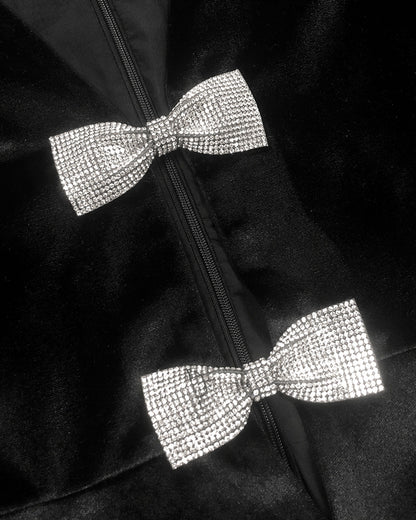 Short Sleeve Crystal Bow Midi Two Piece Velvet Dress Black HV2097