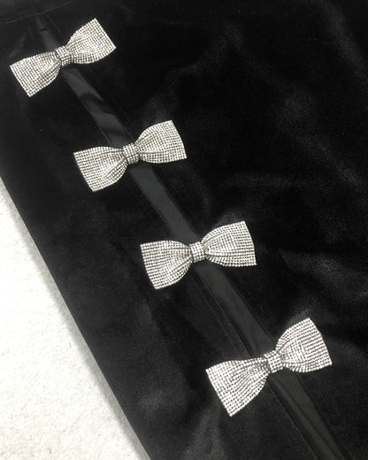 Short Sleeve Crystal Bow Midi Two Piece Velvet Dress Black HV2097