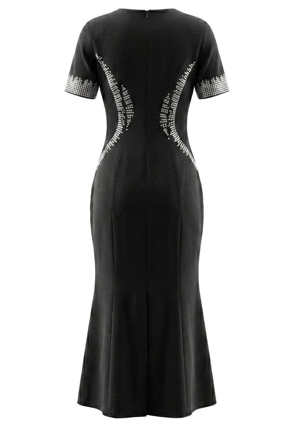 Short Sleeve Crystal Fluted Midi Dress Black HV3012