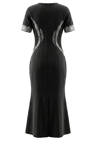 Short Sleeve Crystal Fluted Midi Dress Black HV3012