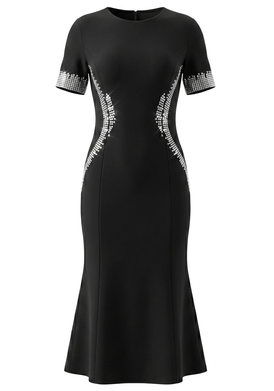 Short Sleeve Crystal Fluted Midi Dress Black HV3012