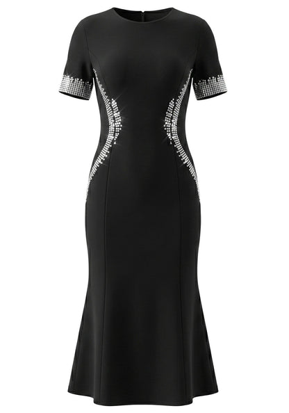 Short Sleeve Crystal Fluted Midi Dress Black HV3012