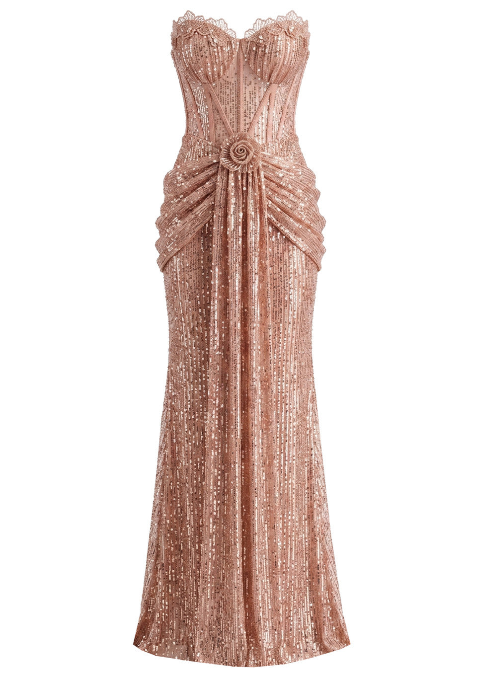 Strapless Bustier Sequin Maxi Dress Coral Pink HV3013