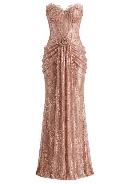 Strapless Bustier Sequin Maxi Dress Coral Pink HV3013