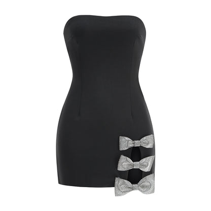 Strapless Crystal Bow Detail Dress Black HV1776