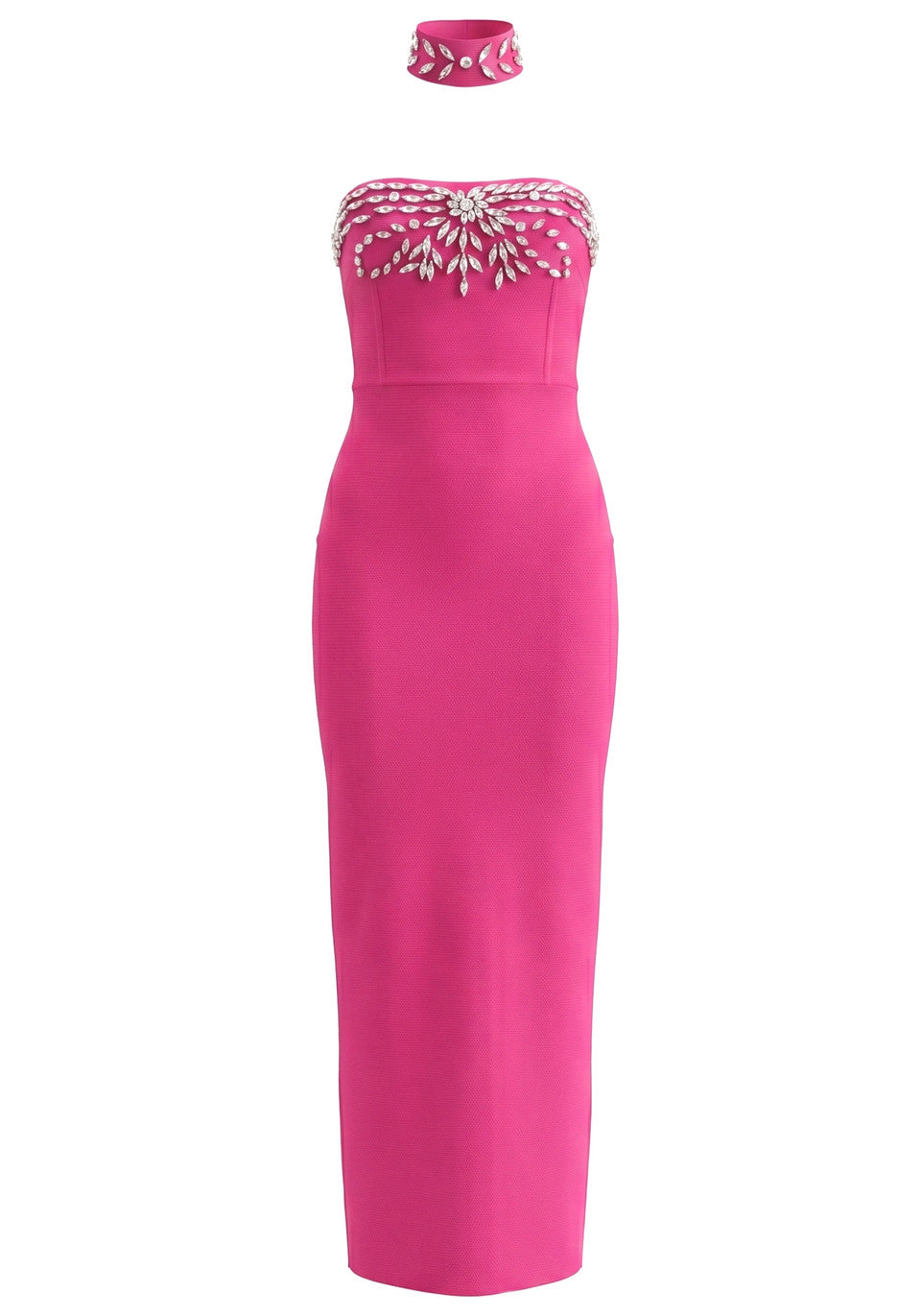 Strapless Crystal Choker Maxi Dress Hot Pink HV2990