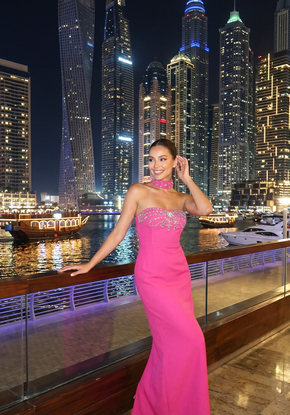Strapless Crystal Choker Maxi Dress Hot Pink HV2990