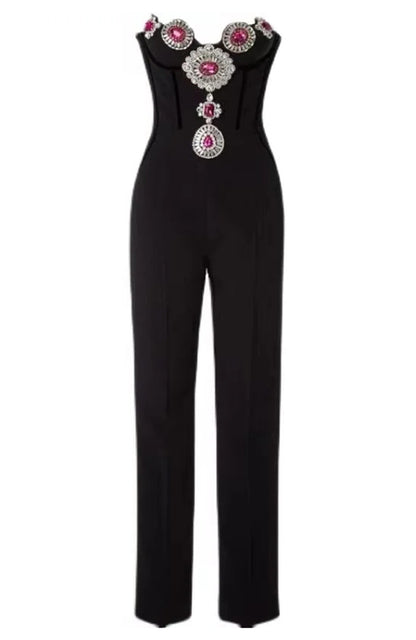 Strapless Crystal Corset Jumpsuit Black