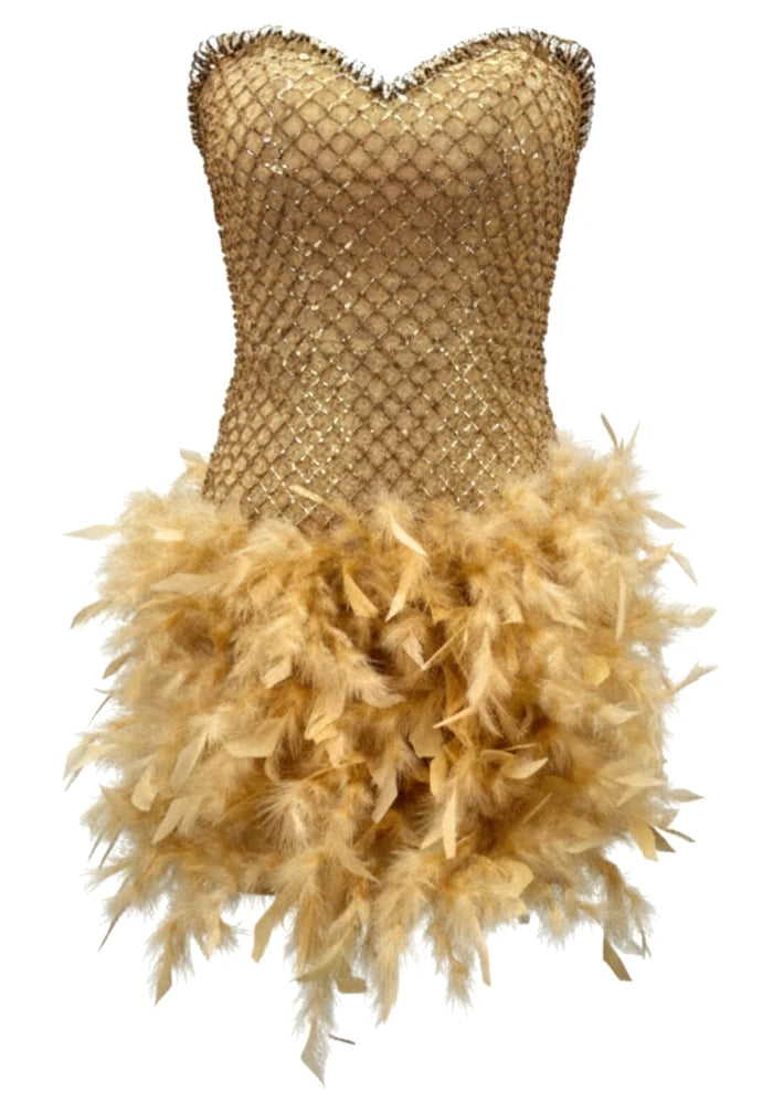 Crystal Strapless Feather Dress Gold HV2700