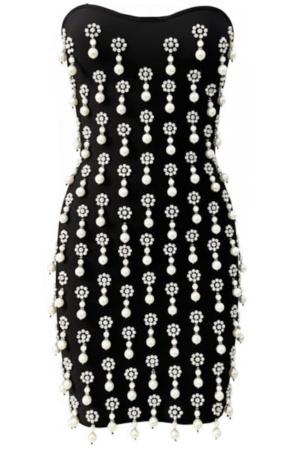 Strapless Crystal Pearl Embellished Dress Black HV2610