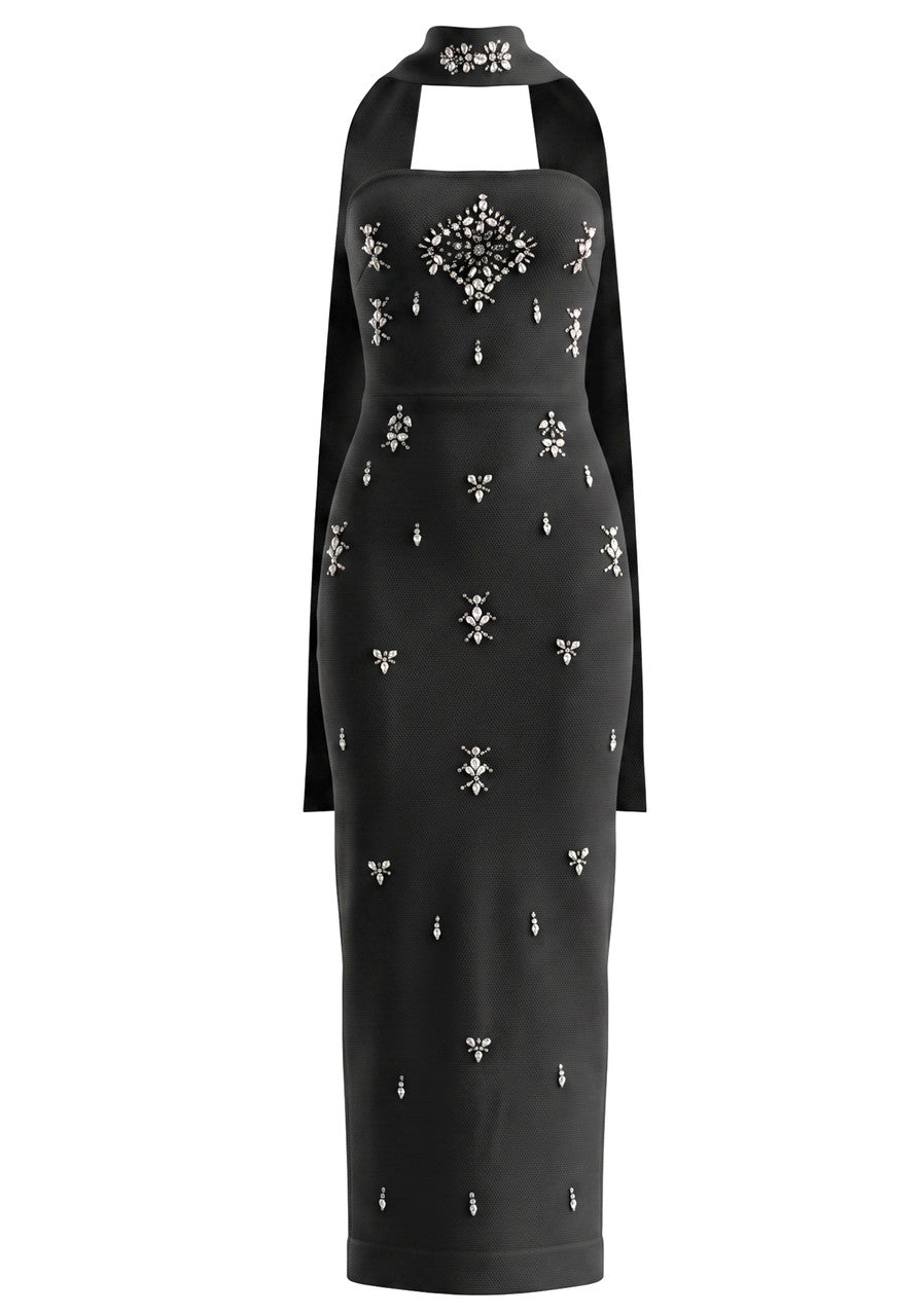 Strapless Crystal Scarf Maxi Dress Black HV3093