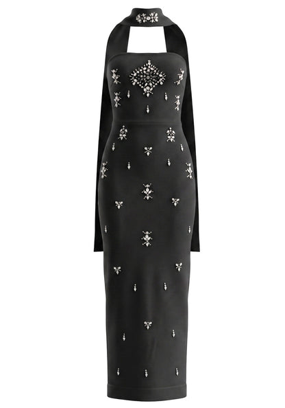 Strapless Crystal Scarf Maxi Dress Black HV3093