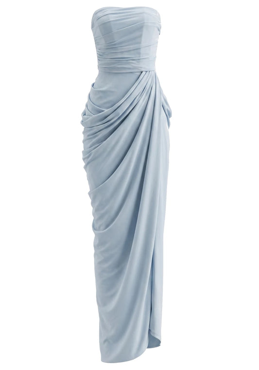 Strapless Draped Design Corset Maxi Dress Blue HV2964