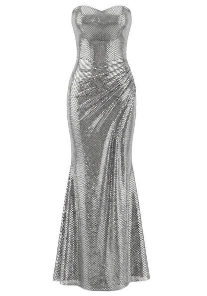 Strapless Draped Maxi Dress Silver HV3014