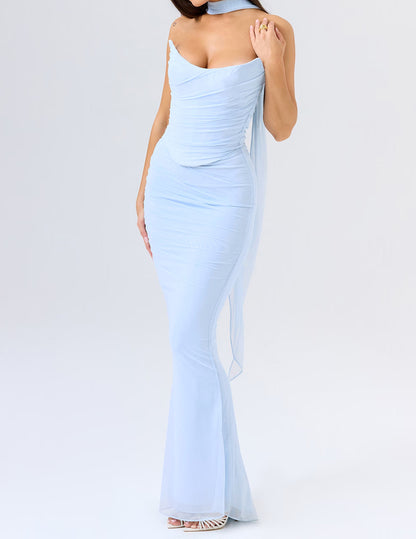 Strapless Draped Two Piece Maxi Dress Blue