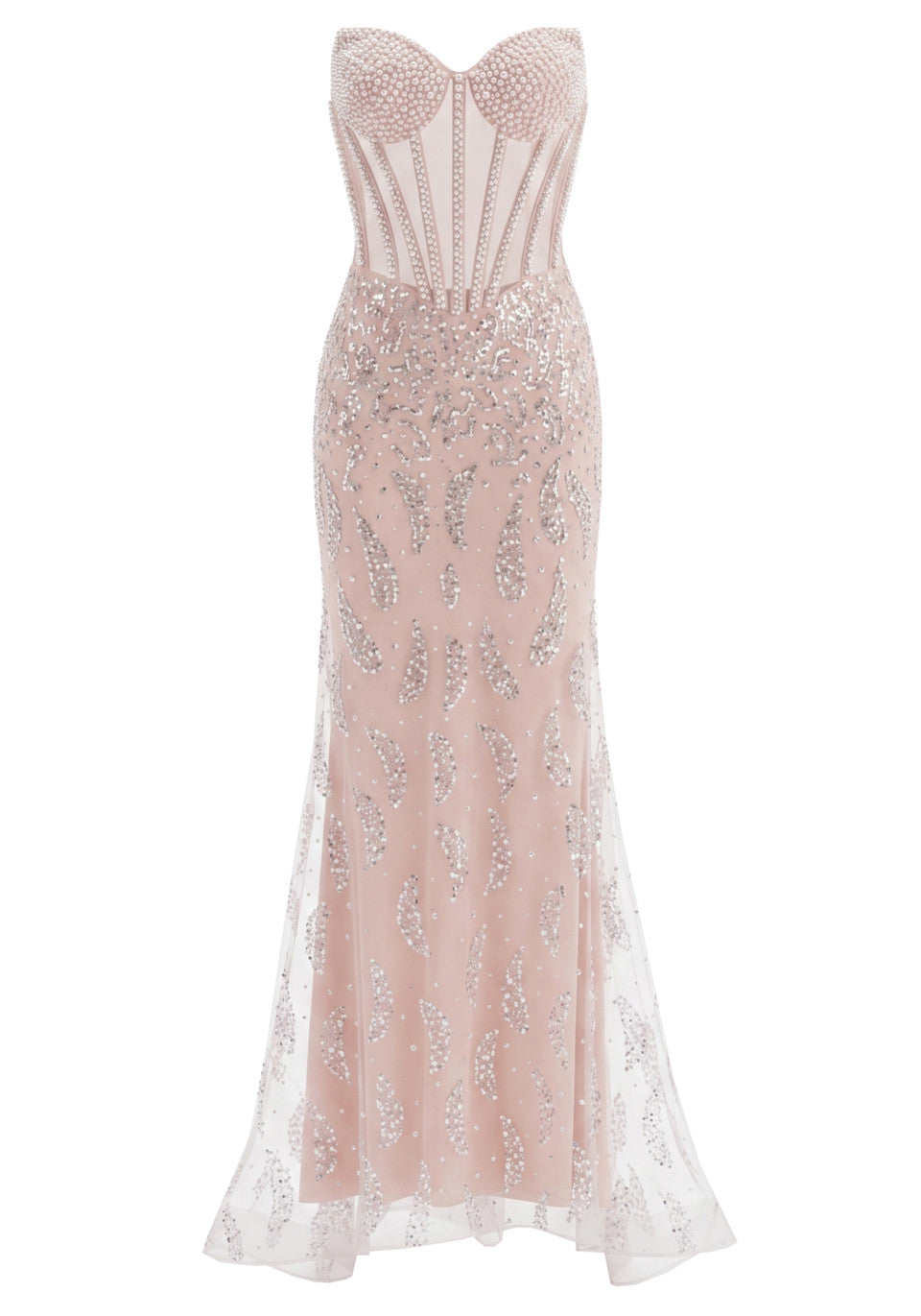 Strapless Sequin Pearl Corset Maxi Dress Nude Pink HV3017