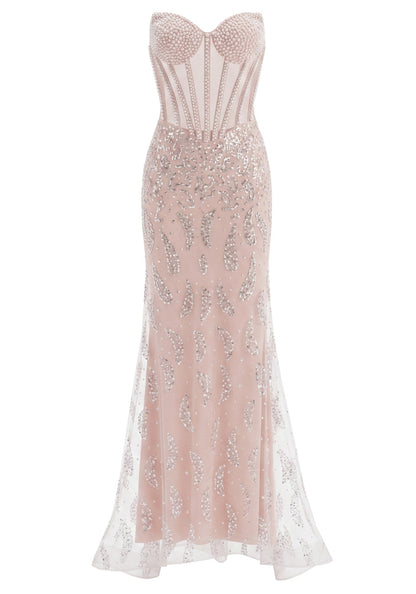 Strapless Sequin Pearl Corset Maxi Dress Nude Pink HV3017