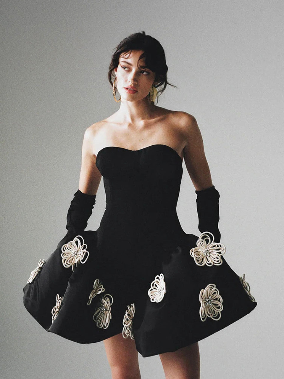 Strapless Corset Floral A Line Dress Black