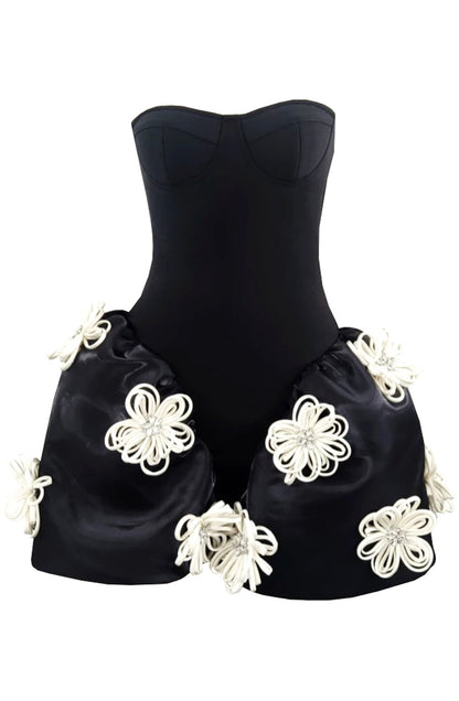 Strapless Corset Floral A Line Dress Black