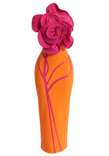 Strapless Floral Detail Maxi Dress Hot Pink Orange HV3045