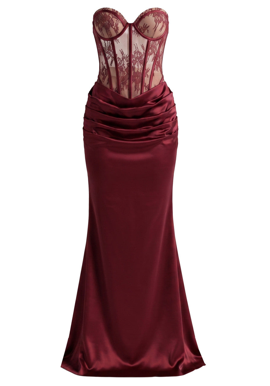 Strapless Lace Bustier Maxi Dress Burgundy HV3153