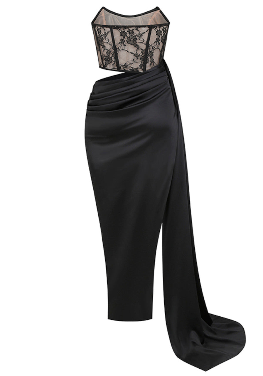 Strapless Lace Corset Draped Maxi Dress
