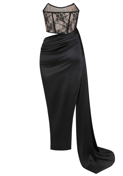 Strapless Lace Corset Draped Maxi Dress