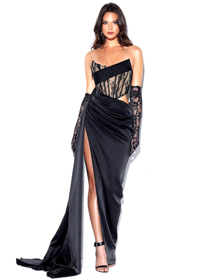 Strapless Lace Corset Draped Maxi Dress