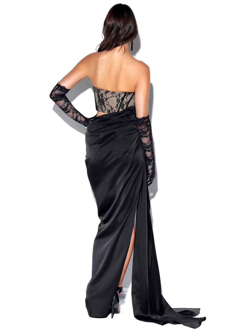Strapless Lace Corset Draped Maxi Dress