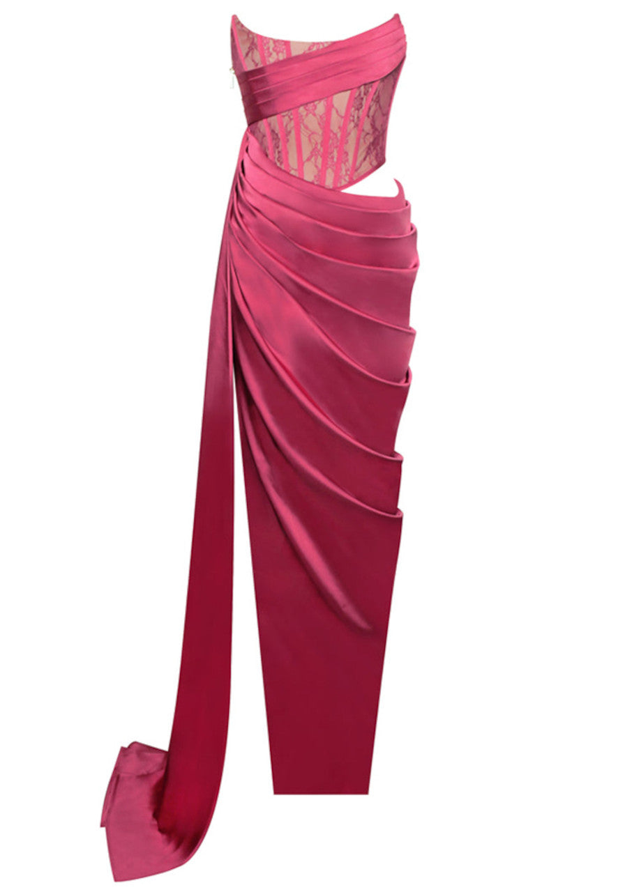 Strapless Lace Corset Draped Maxi Dress