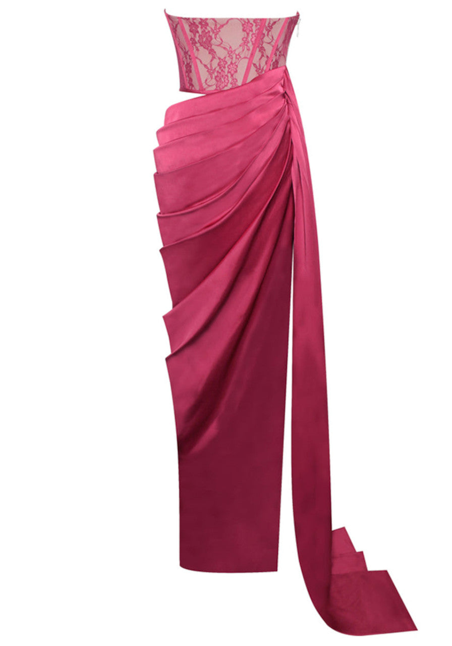 Strapless Lace Corset Draped Maxi Dress