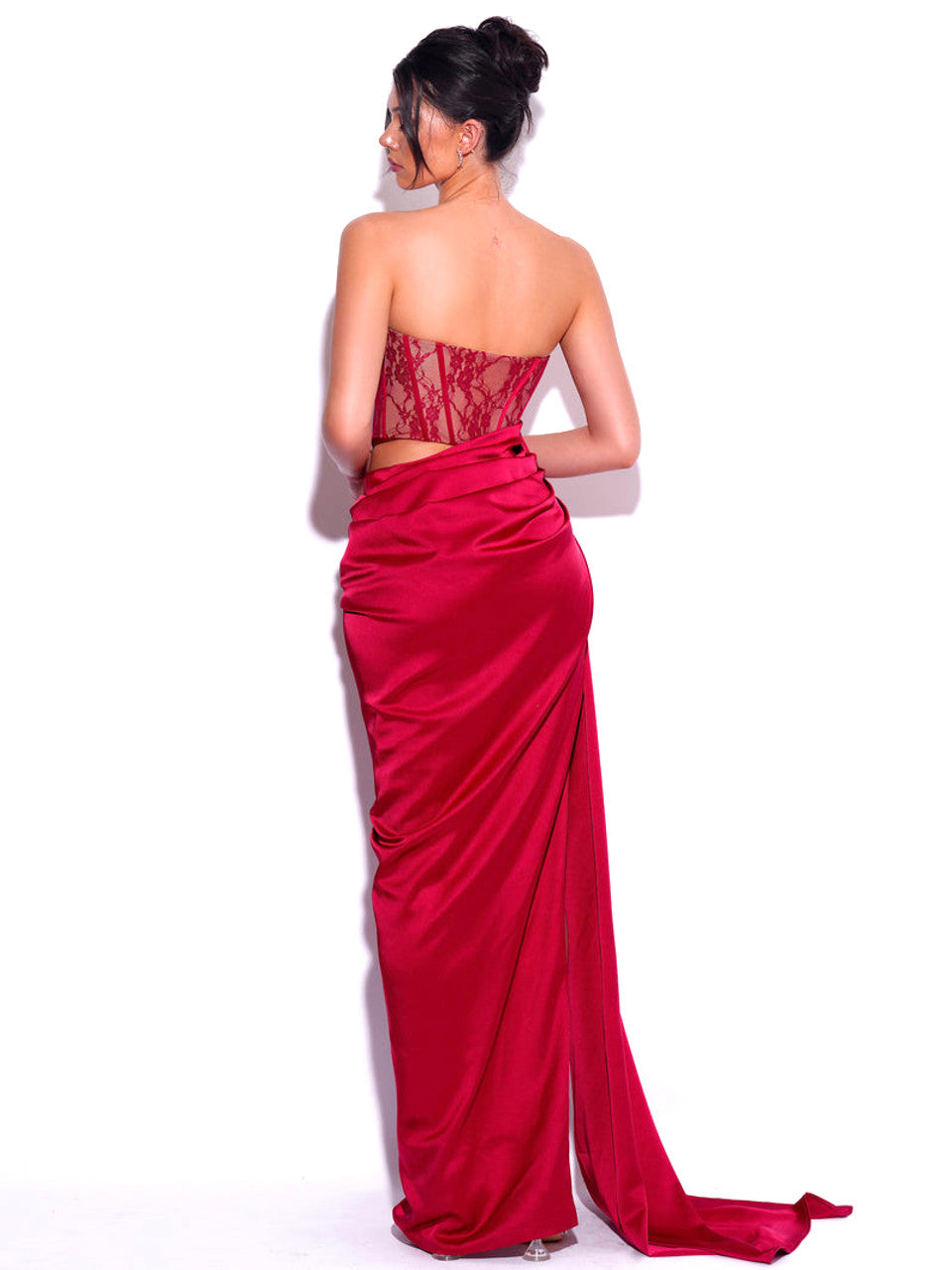 Strapless Lace Corset Draped Maxi Dress