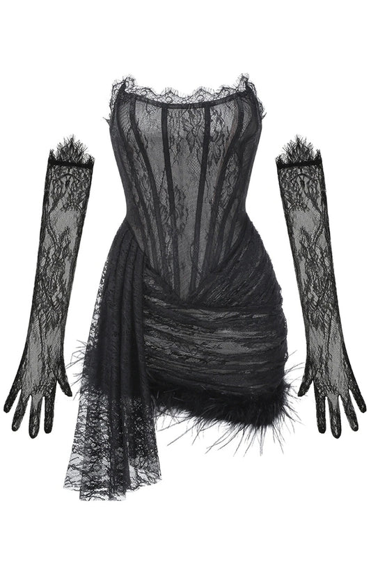 Strapless Lace Corset Feather Dress Black