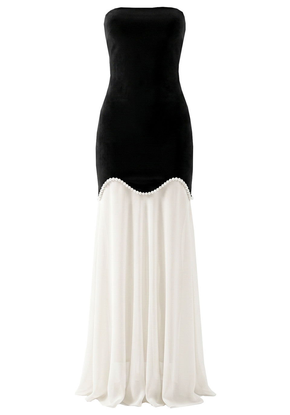 Strapless Pearl Detail A Line Maxi Dress Black White HV2992