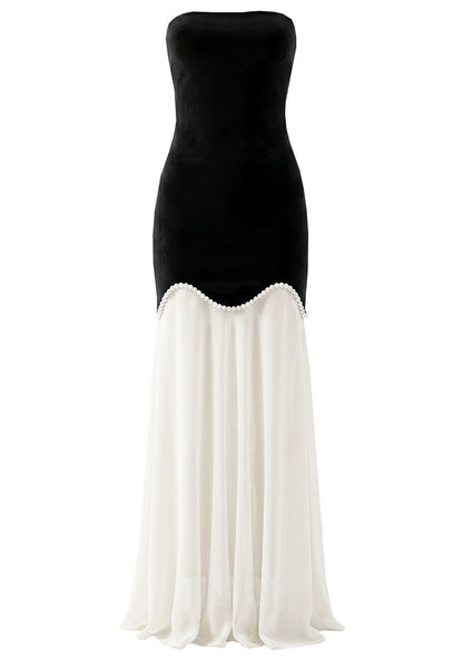 Strapless Pearl Detail A Line Maxi Dress Black White HV2992