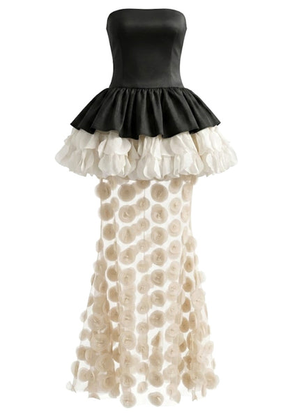 Strapless Floral Peplum Maxi Dress Black Ivory HV3025