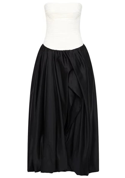 Strapless Ruched Puff Maxi Dress