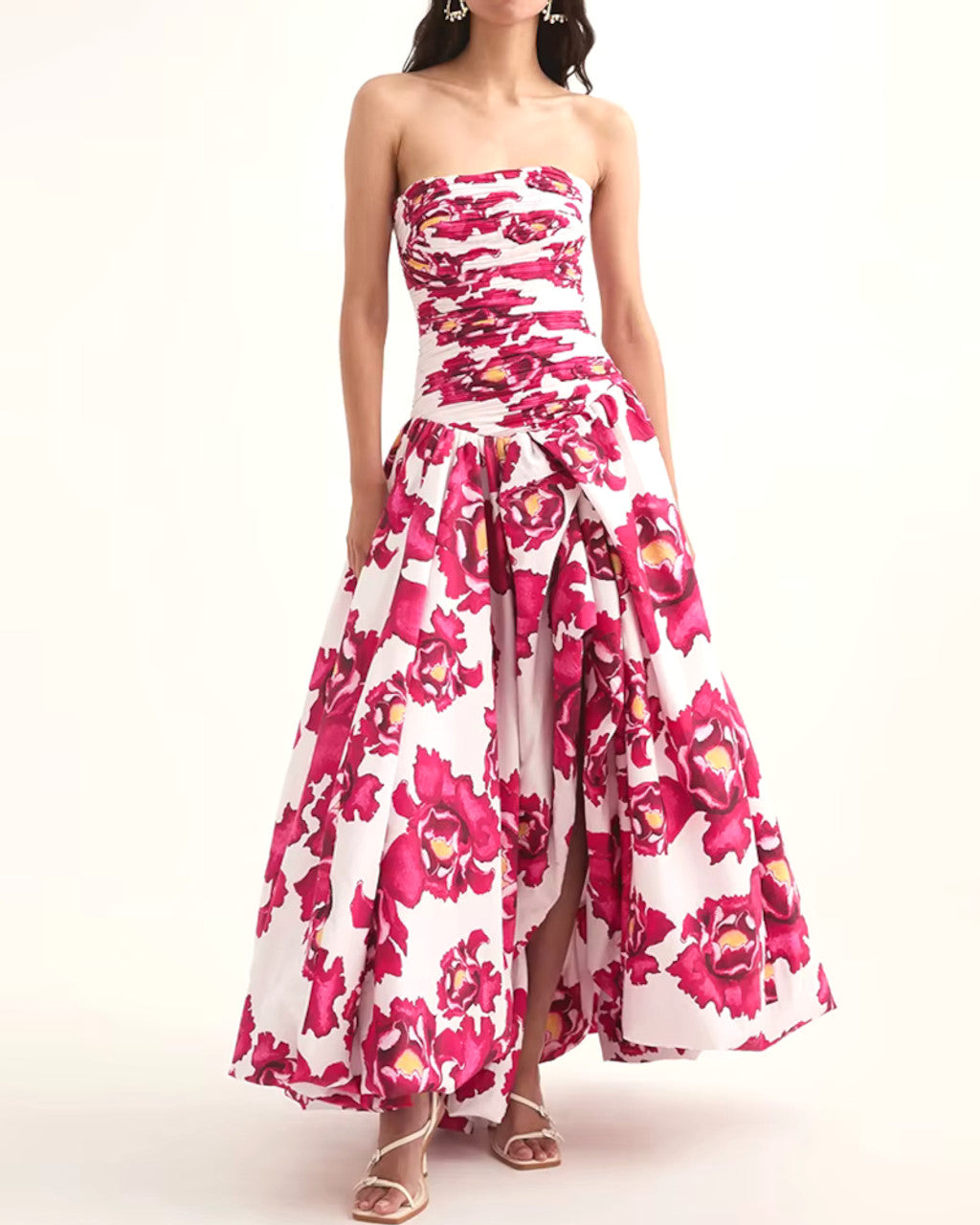 Strapless Ruched Puff Maxi Dress
