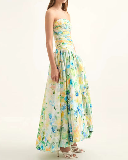 Strapless Ruched Puff Maxi Dress