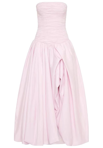 Strapless Ruched Puff Maxi Dress
