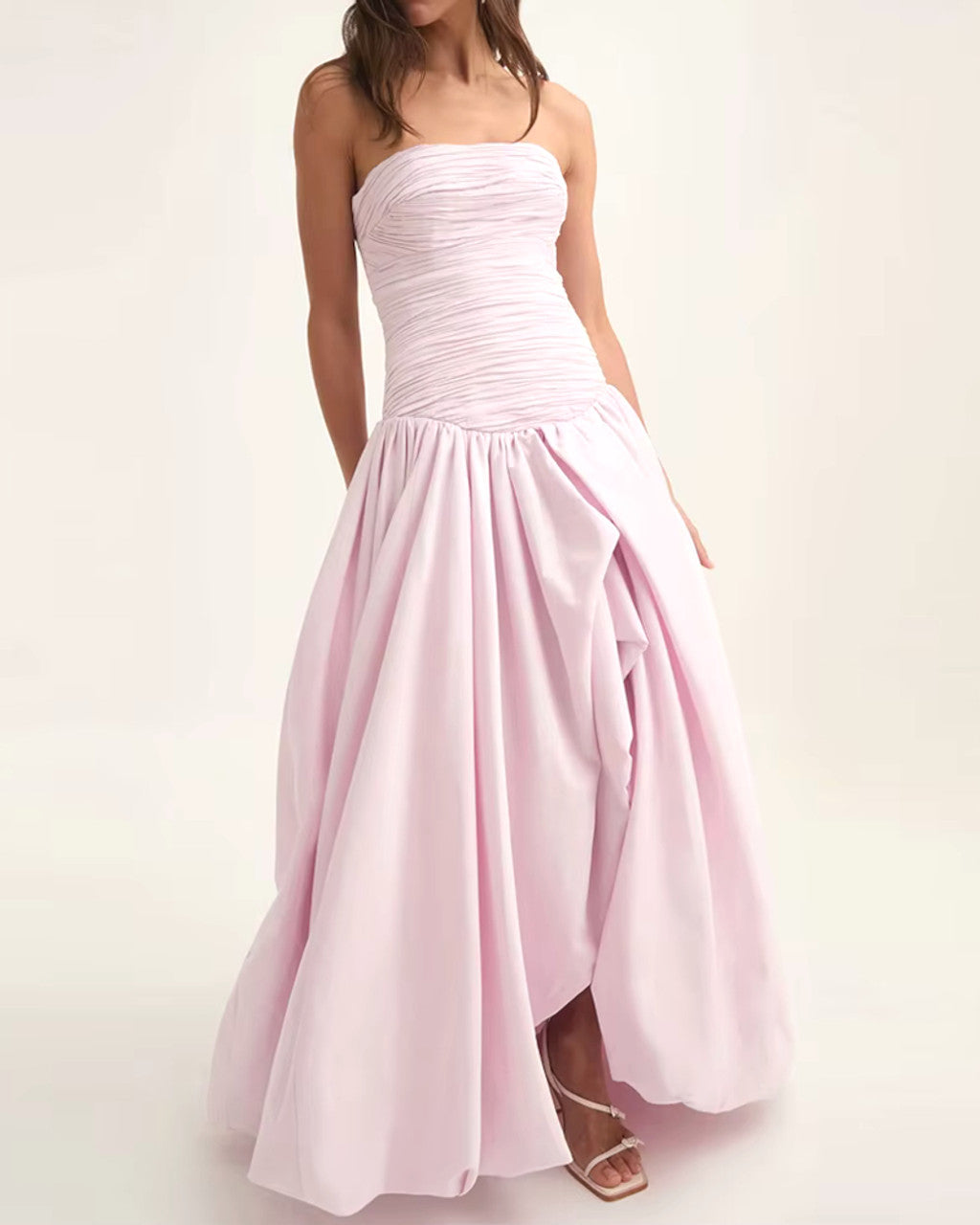 Strapless Ruched Puff Maxi Dress
