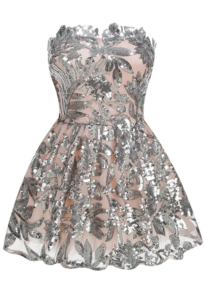 Strapless Floral Sequin A Line Corset Dress Silver HV2997