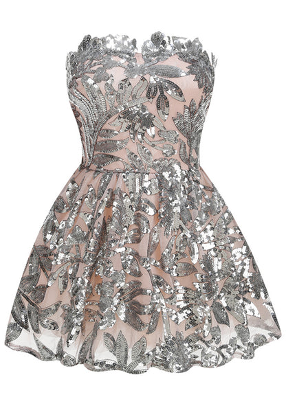 Strapless Floral Sequin A Line Corset Dress Silver HV2997