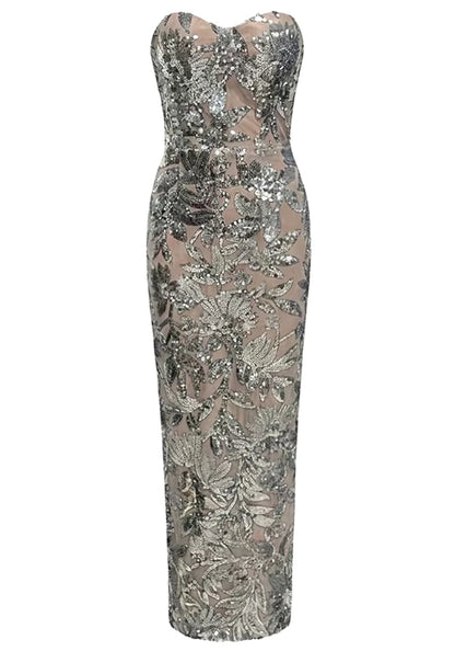 Strapless Sequin Floral Maxi Dress Silver