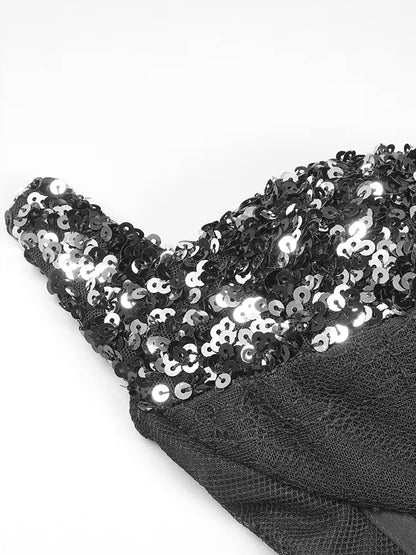 Strapless Sequin Lace Corset Maxi Dress Black HV1762