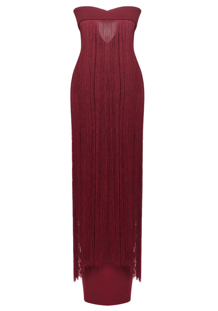 Strapless Tassel Maxi Dress Burgundy HV2688