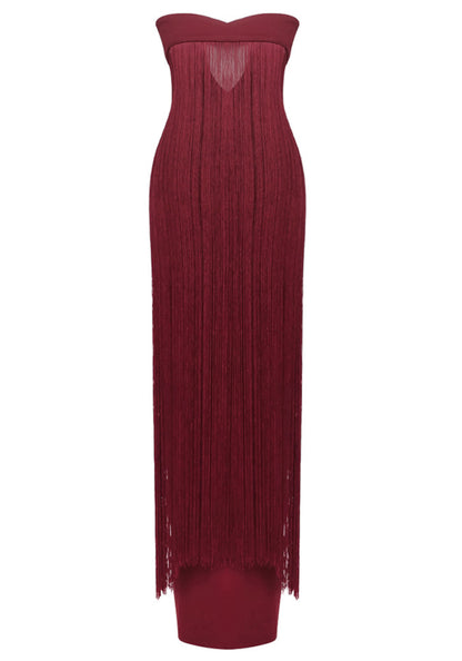 Strapless Tassel Maxi Dress Burgundy HV2688