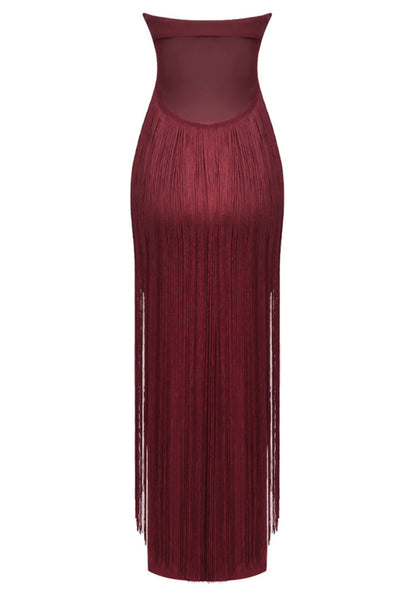 Strapless Tassel Maxi Dress Burgundy HV2688