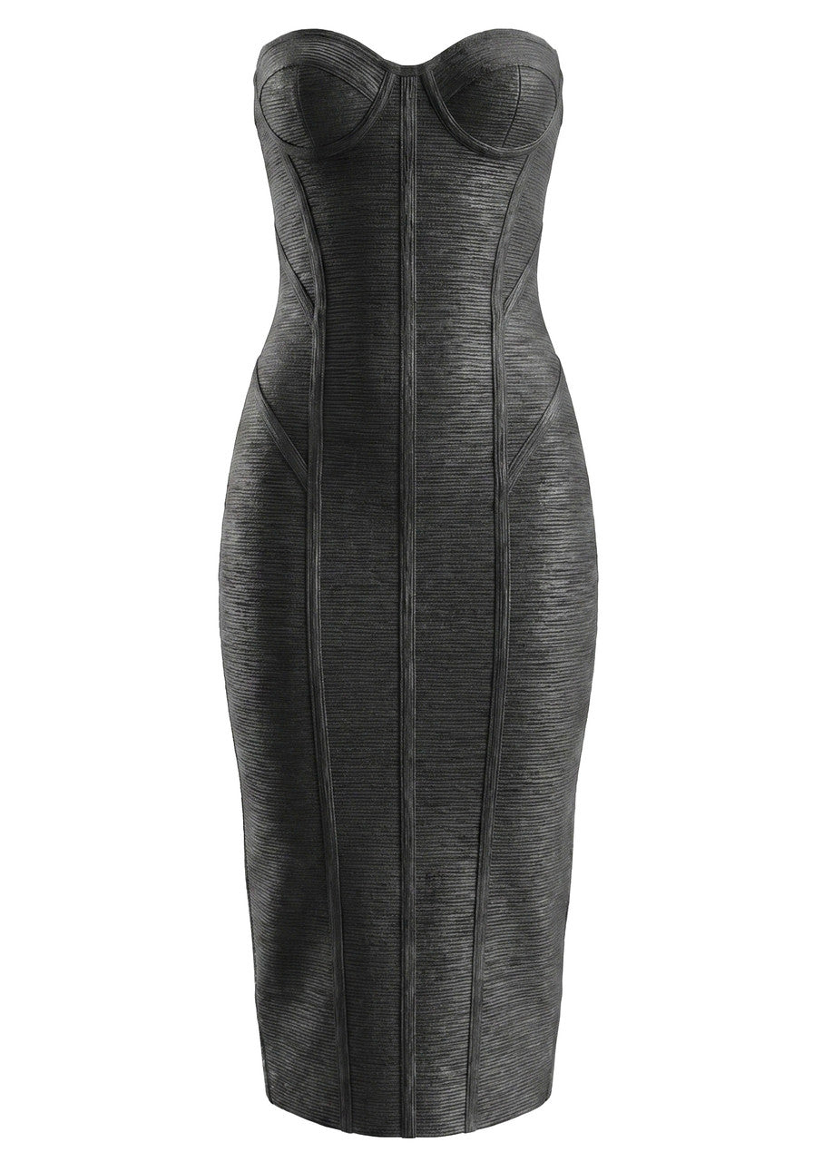 Strapless Woodgrain Foil Print Midi Dress HV3138