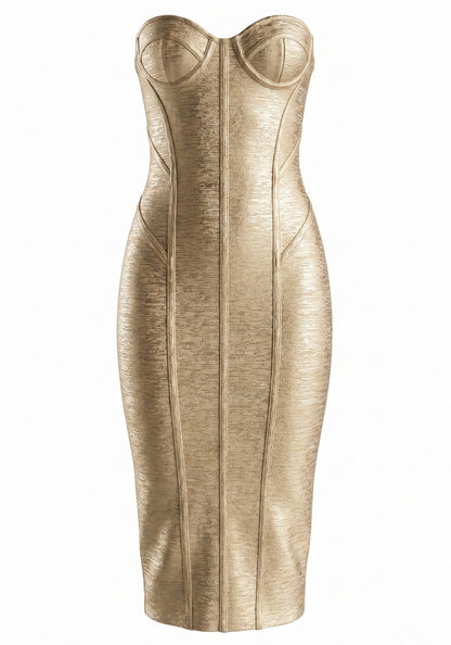 Strapless Woodgrain Foil Print Midi Dress HV3138